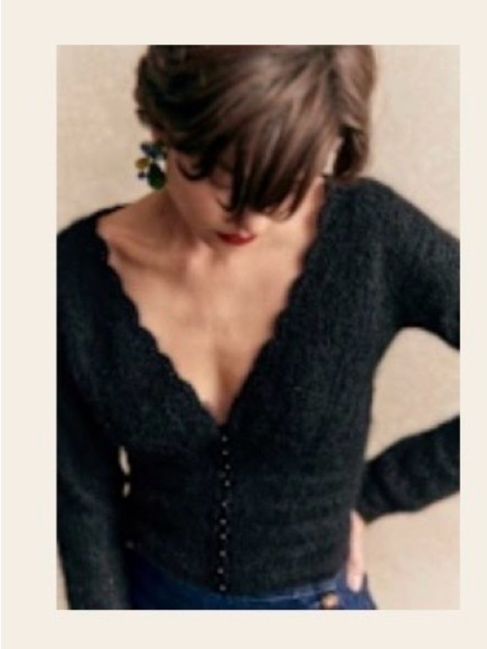 Sezane Black Scalloped V-Neck Button-Front Sweater